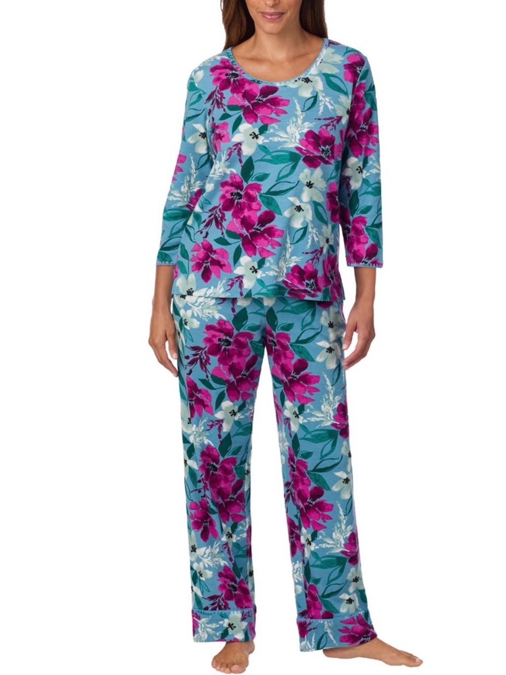 Midnight by Carole Hochman Teal Floral Lounge Pajama Set with Magenta Flowers